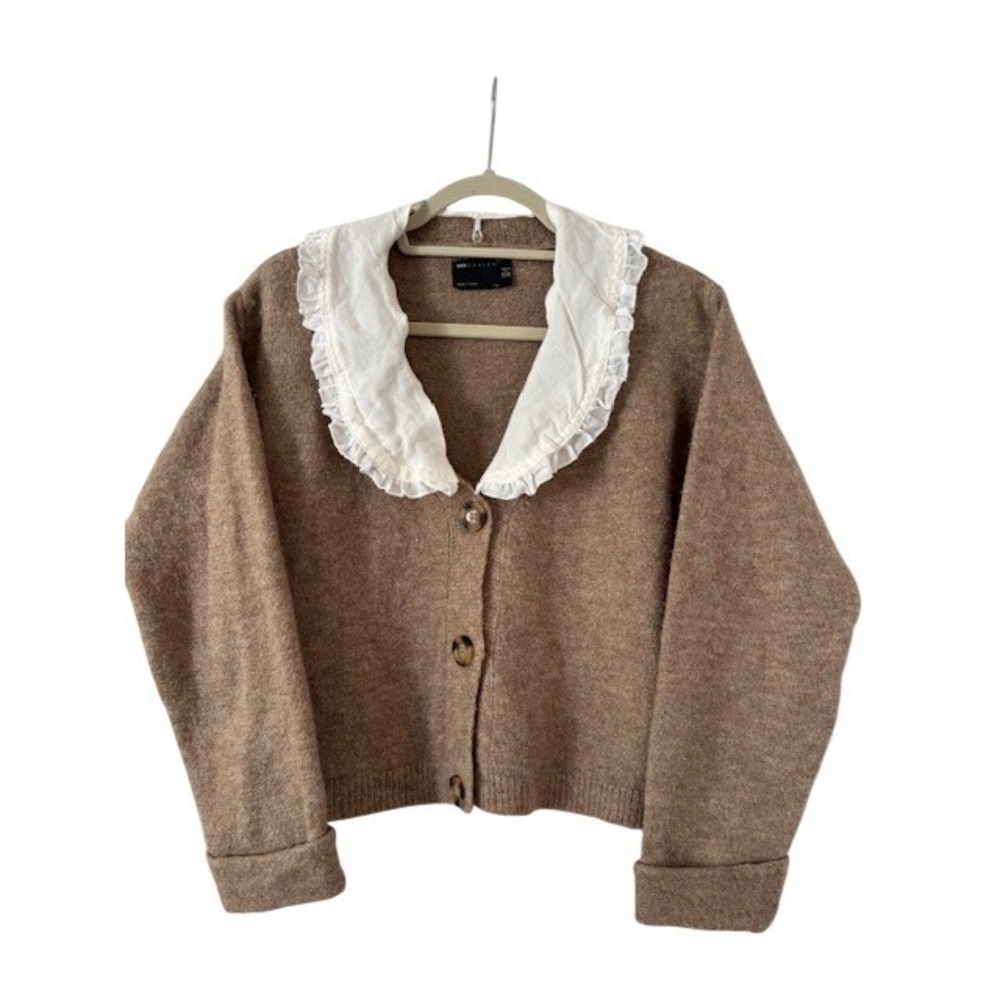 ASOS DESIGN Womens Brown Knit Cardigan Ruffle‎ Collar Sweater Oversized XS